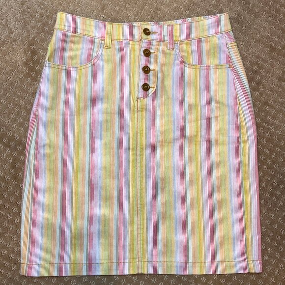 Maeve Anthropologie Size 8 Rainbow Striped Stretch Denim Mini Skirt Buttonfly - Picture 4 of 13